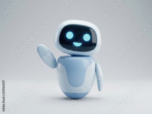 A Friendly Small White Robot Waving Hello With Glowing Blue Digital Eyes