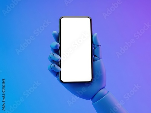 A futuristic blue robotic hand holding a modern smartphone with blank screen