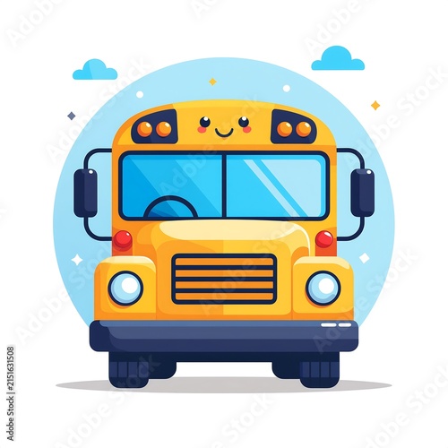 Bright yellow school bus with smiling face on blue sky background.