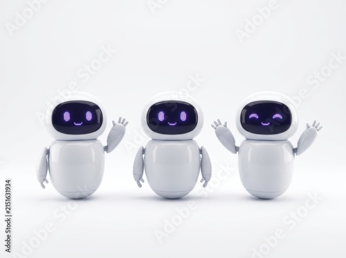 Three Friendly White Robotic Companions Waving Hello Against A Clean White Background