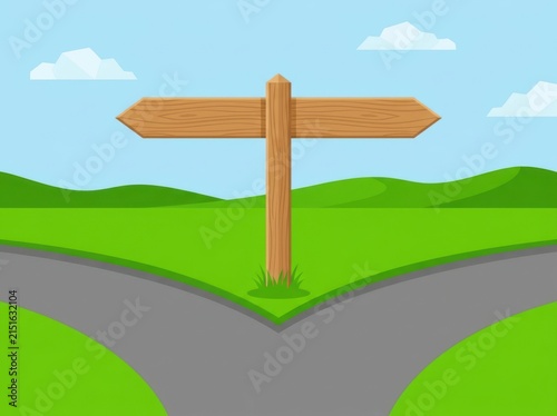 A wooden directional signpost standing at a fork in the road path