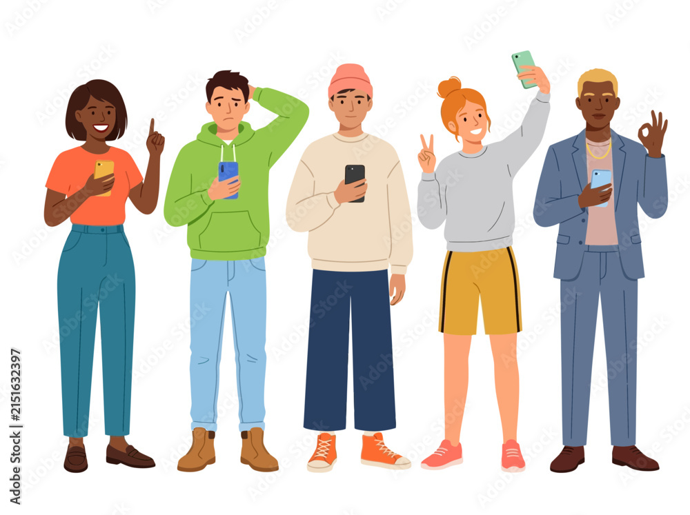 Obraz premium Diverse group of young people using smartphones for social media and communication, vector flat illustration