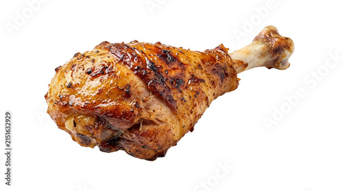 Roasted chicken drumstick with crispy skin, grilled poultry leg on white background, seasoned fried chicken meat for food menu