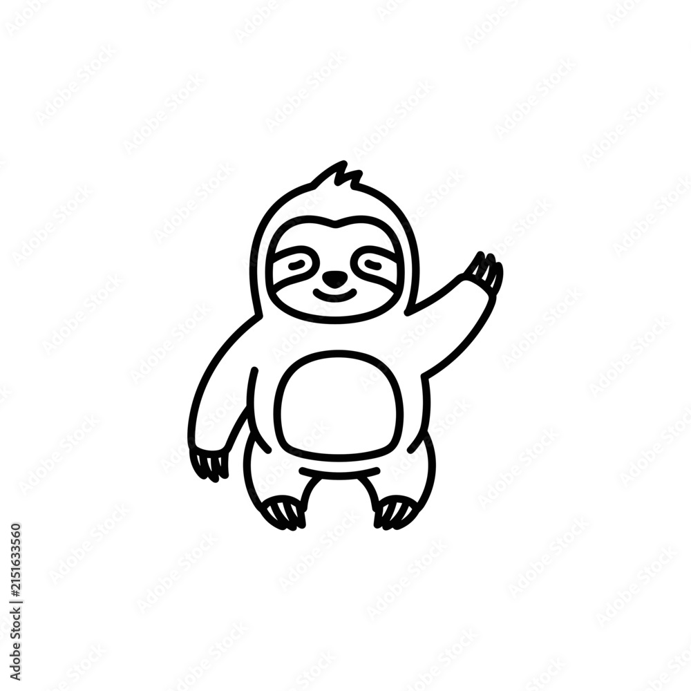 Fototapeta premium Cute Cartoon Sloth Waving Hello - Minimalist Line Art Illustration