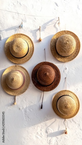 Collection of assorted straw sun hats on white wall.