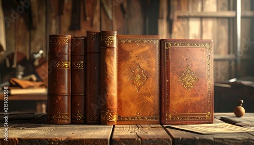 Collection of old leather bound books on wooden desk
