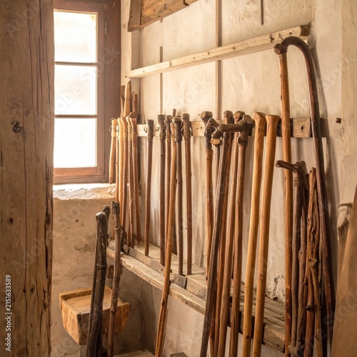 Collection of rustic wooden walking sticks in workshop.