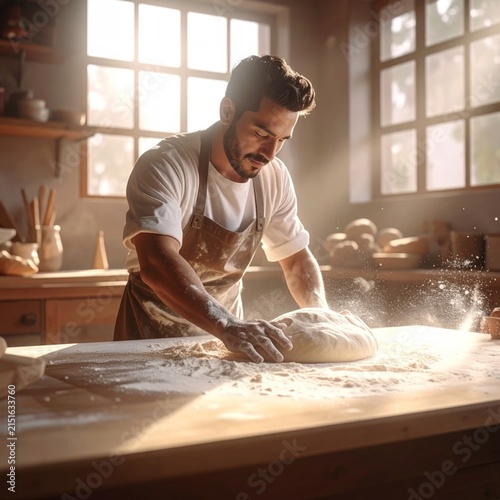 Baker kneading dough in sunlit rustic kitchen.