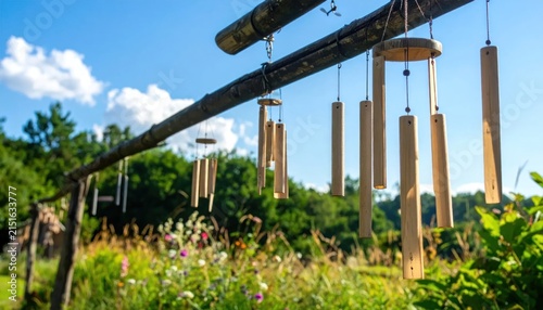 Bamboo wind chimes hanging in sunny outdoor meadow.