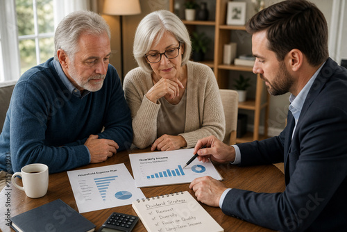 Retired couple discusses dividend income strategy with an advisor, reviewing quarterly payments and household expense plans.