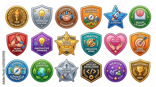 A vibrant collection of cartoon-style achievement badges and medals, each representing a different skill or accomplishment like problem-solving, creativity, ...
