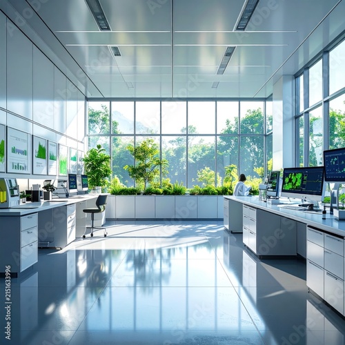 Bright modern laboratory with indoor plants and large windows.