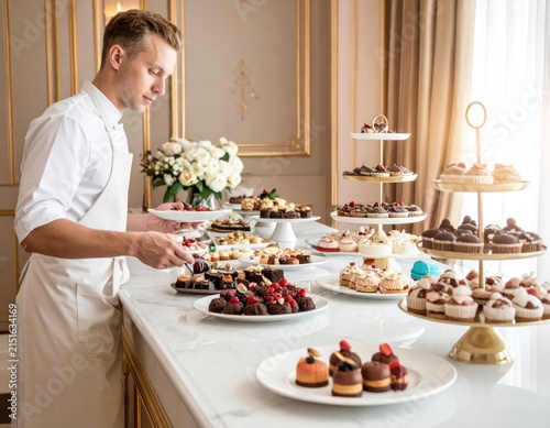 Chef arranging elegant dessert buffet in banquet hall.