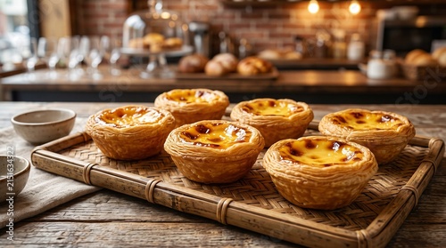 Delicious Portuguese egg tarts served on a rustic bamboo tray