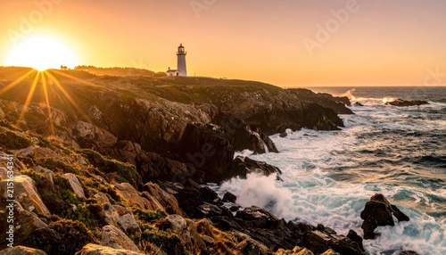Coastal lighthouse on rocky cliffs during sunset.