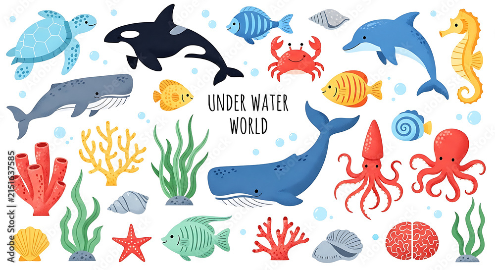 Obraz premium Cute sea animals and underwater world collection featuring marine life cartoon illustration of diverse ocean creatures and coral reef elements