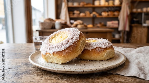 Two sweet Norwegian skolebrød buns with coconut and custard on a plate