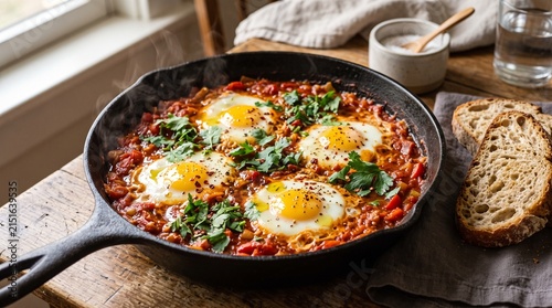 Hearty shakshuka with eggs and fresh parsley served in a cast iron skillet with bread