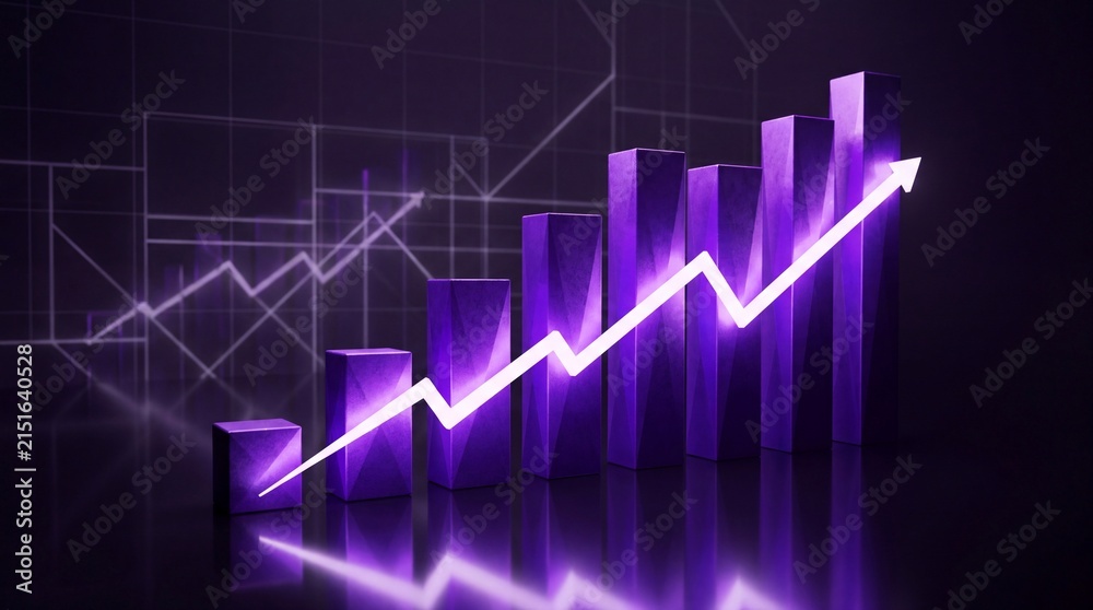 Fototapeta premium Glowing Purple 3D Bar Chart with Rising Arrow Showing Growth Trend