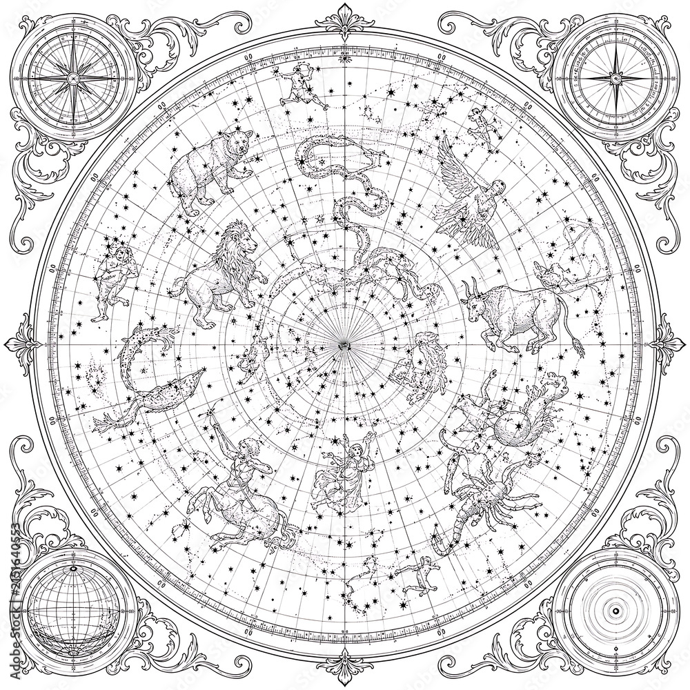 Naklejka premium Antique celestial atlas engraving line art, antique celestial map illustration, vintage star atlas engraving, historical astronomy chart, antique constellation map, celestial cartography artwork, vint
