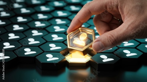 Strategic talent acquisition concept showing hand selecting glowing golden candidate from dark hexagonal grid representing optimal recruitment and headhunting