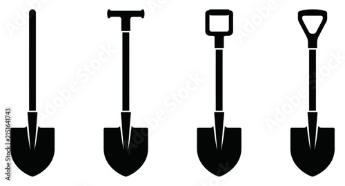 A collection of black agricultural tools silhouette icons featuring various shovel designs for gardening and farming