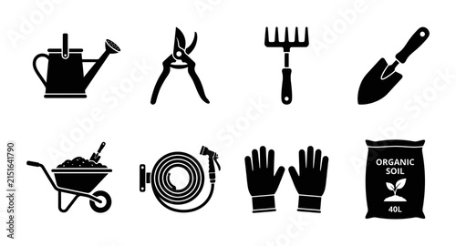 A collection of black icons featuring an agricultural tools silhouette for gardening and farming projects