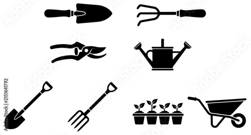 A collection of black agricultural tools silhouette icons for gardening and farming design projects
