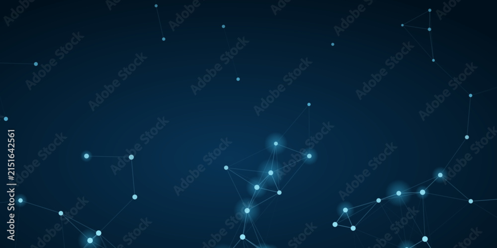 Fototapeta premium A dark blue background with glowing white dots connected by lines, resembling a network or constellation, symbolizing connectivity and technology.