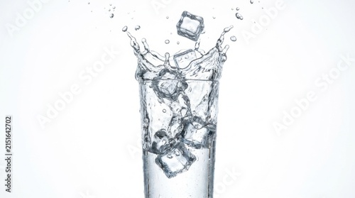 Dynamic high-speed action shot of ice cubes falling into a tall glass of fresh clear water, creating a dramatic crown splash with droplets against a clean bright white background.