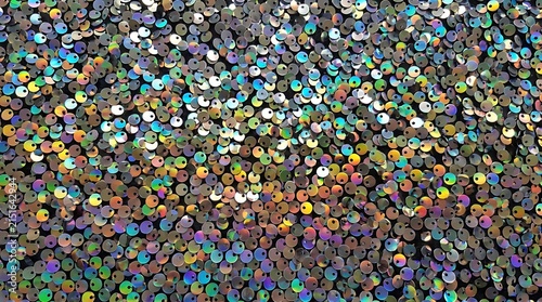 Closeup of shimmering iridescent sequins on fabric texture