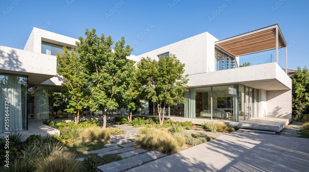 Fototapeta premium Luxury residential house features a contemporary architectural design with large windows and a beautiful landscaped garden.