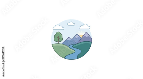 Colorful landscape illustration with mountains and river.