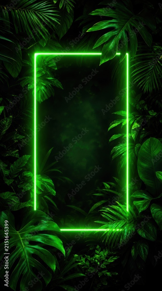 Obraz premium A glowing neon green rectangular frame surrounded by lush dark green tropical leaves on a black background.