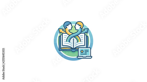 Colorful illustration of two people reading a book together.