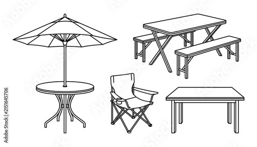 Outdoor Furniture Line Art Set with Patio Umbrella, Picnic Table, Folding Chair and Garden Tables for Summer Recreation Design