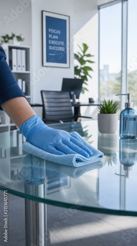 Plakat A gloved hand cleans a glass office table with a blue cloth, highlighting hygiene and cleanliness in a modern workspace.