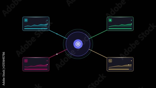 3D Abstract AI Microprocessor Core Node with Glowing Neon Line Data Flow and Glass morphism Dashboard Cards Motion Graphic