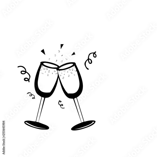 Hand drawn champagne glasses toasting with confetti for celebration and party design
