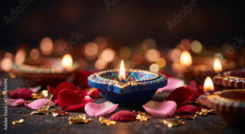 Blue decorated diya with glowing flame and rose petals on dark surface creating a warm Diwali festival background for festive designs