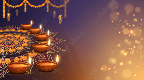 Lit clay diyas arranged over an intricate floral rangoli with marigold garlands and warm bokeh for Diwali festival backgrounds and greetings