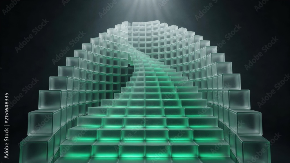 Fototapeta premium Abstract Geometric Staircase Structure with Glowing Green Light.