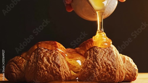 Gourmet Croissant Drizzled With Honey Syrup In An Atmospheric Setting For Breakfast Presentation