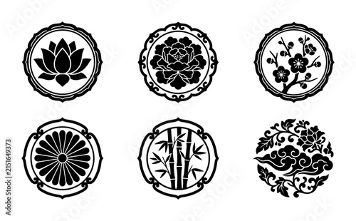 Fotografie Set of 6 Traditional Japanese Mon Crests, Vector Icons: Lotus, Peony, Cherry Blo