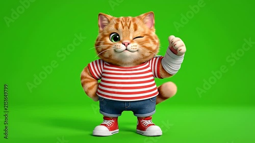 Playful Animated Orange Cat Character Winking and Posing in Striped Shirt Against Bright Green Background