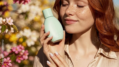 Young Woman With Freckles Holding Mint-Colored Skincare Bottle Amidst Colorful Garden Flowers Evoking Natural Beauty and Wellness Concept