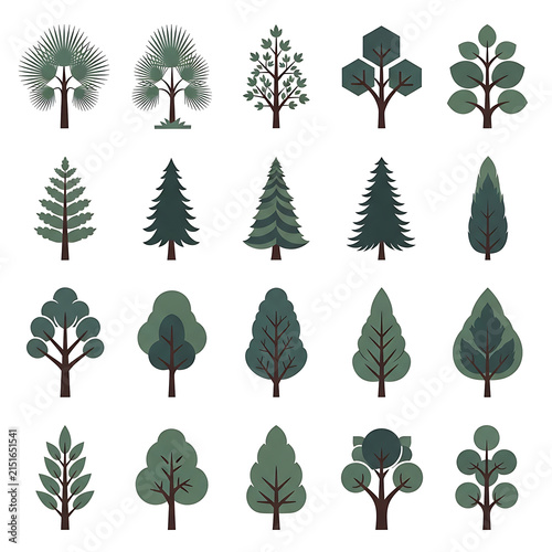 A diverse tree icon set depicting nature in a flat style perfect for ecological projects and forest landscape design collections