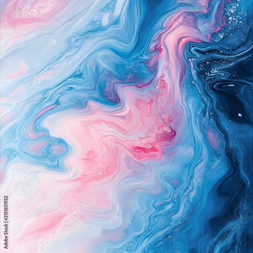 Abstract swirling liquid paint texture with vibrant pink and blue colors in vertical composition