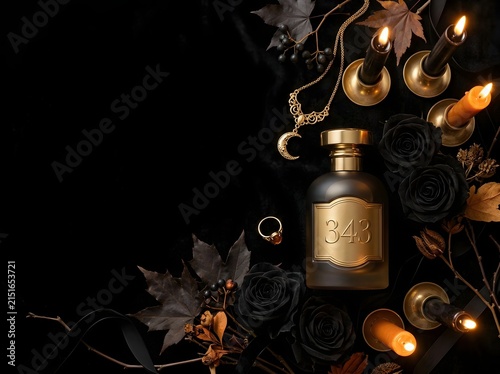 Flat lay of a luxury black perfume bottle labeled 343 surrounded by black roses, lit orange and black candles, gold moon necklace, and autumn leaves on dark velvet background.