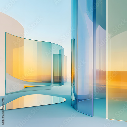 Curved Glass Panels Reflecting Soft Light in Modern Minimalist Interior